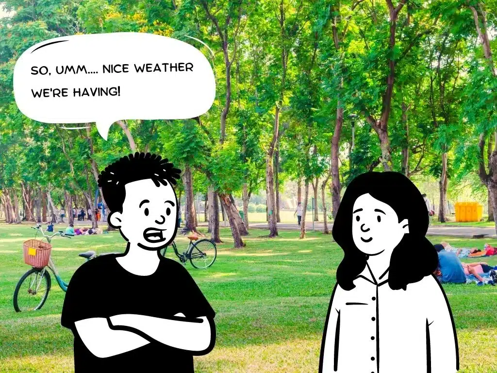 Two characters engaging in awkward conversation